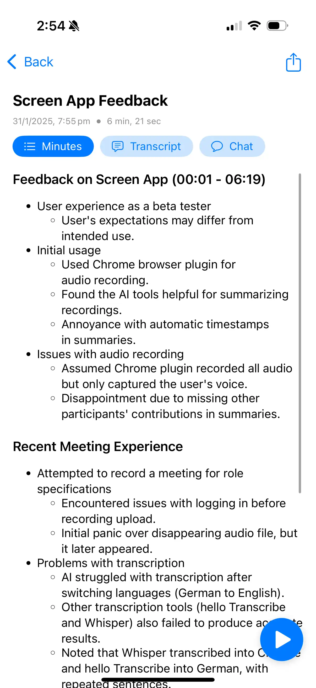 Minutes AI interface screenshot