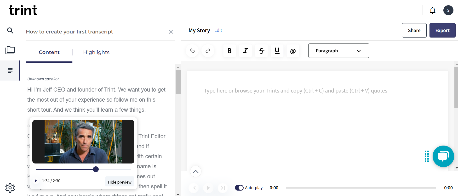 Trint interface screenshot