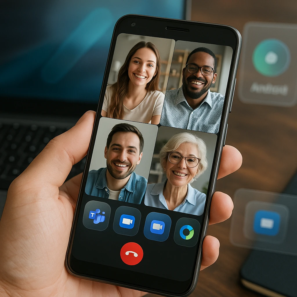 Modern Android smartphone displaying video chat apps with multiple people on screen