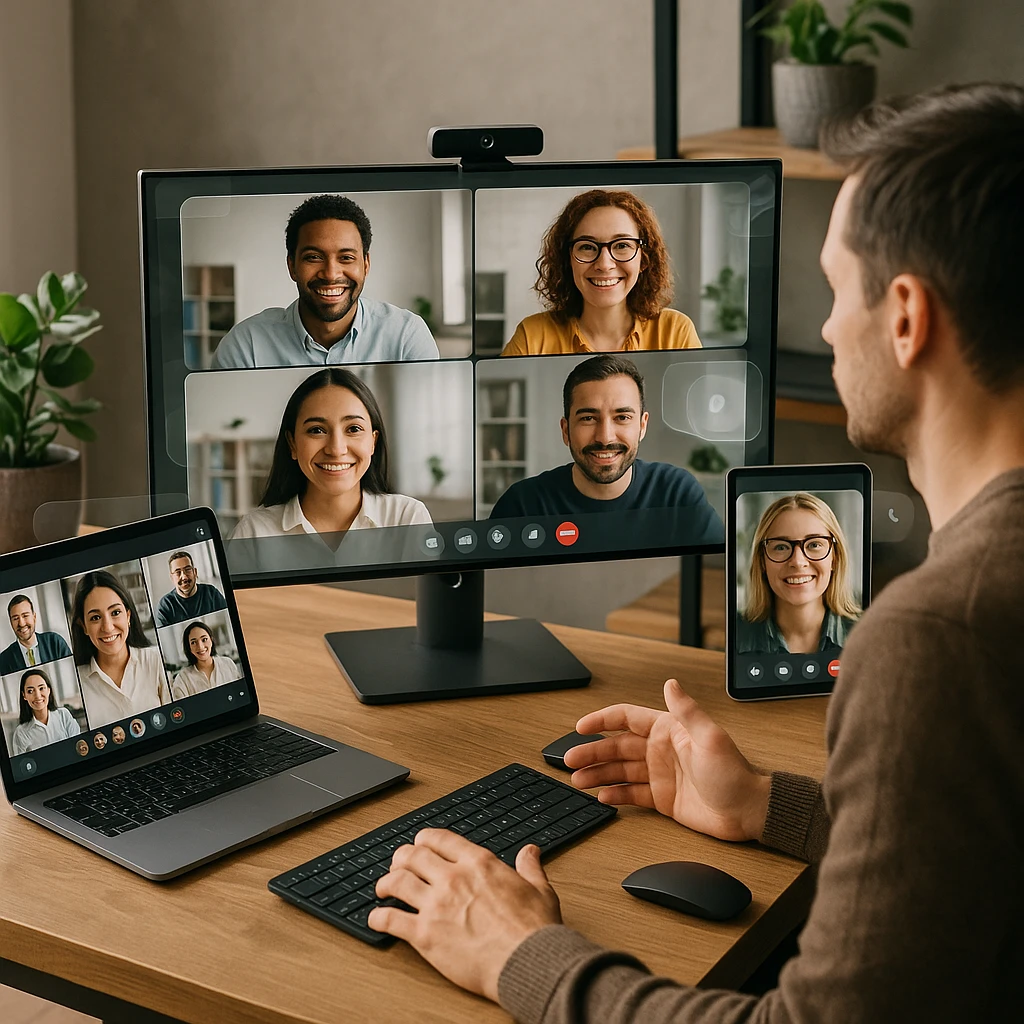 Professional video conferencing setup with multiple screens showing different video chat platforms