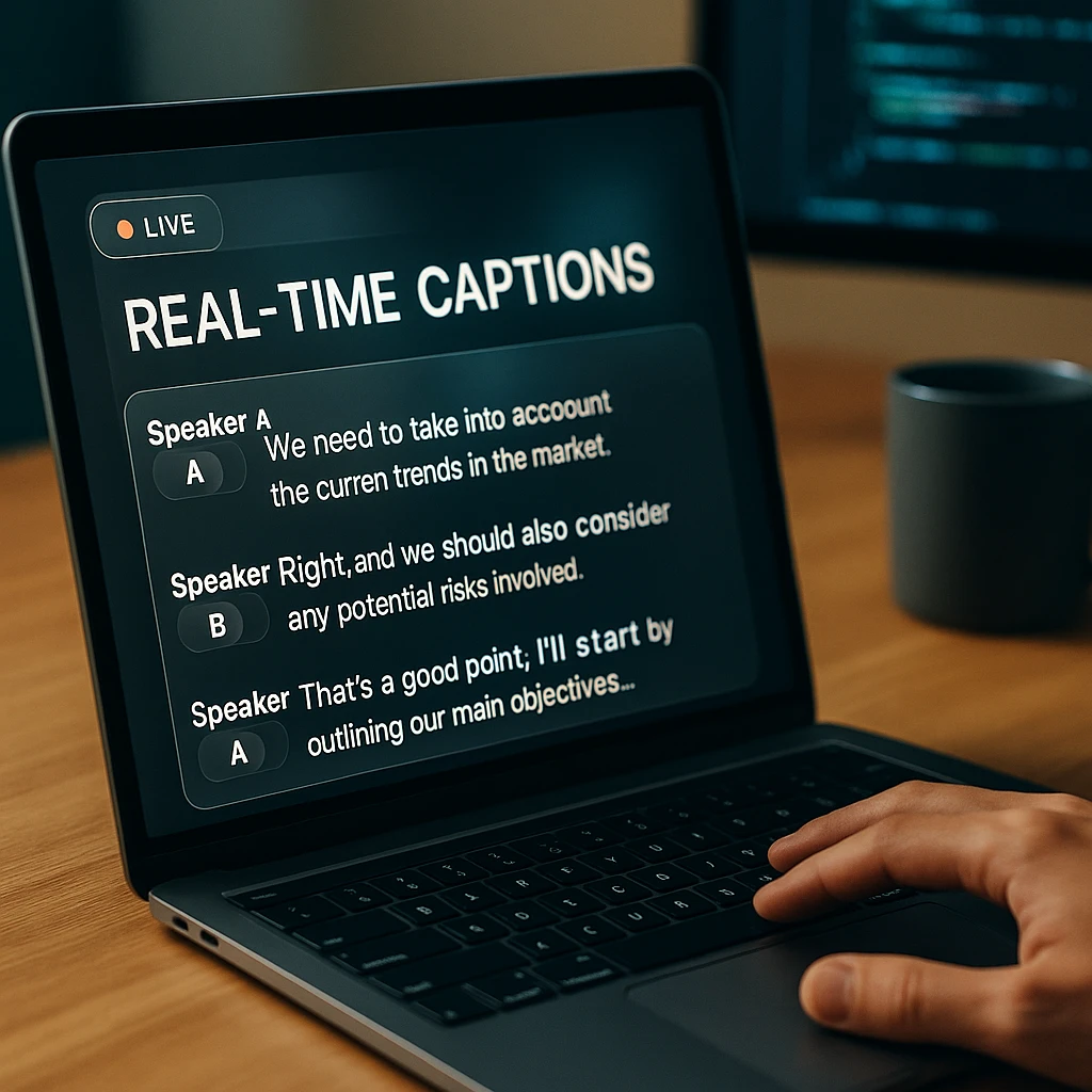 Real-time caption interface showing live transcription with speaker identification