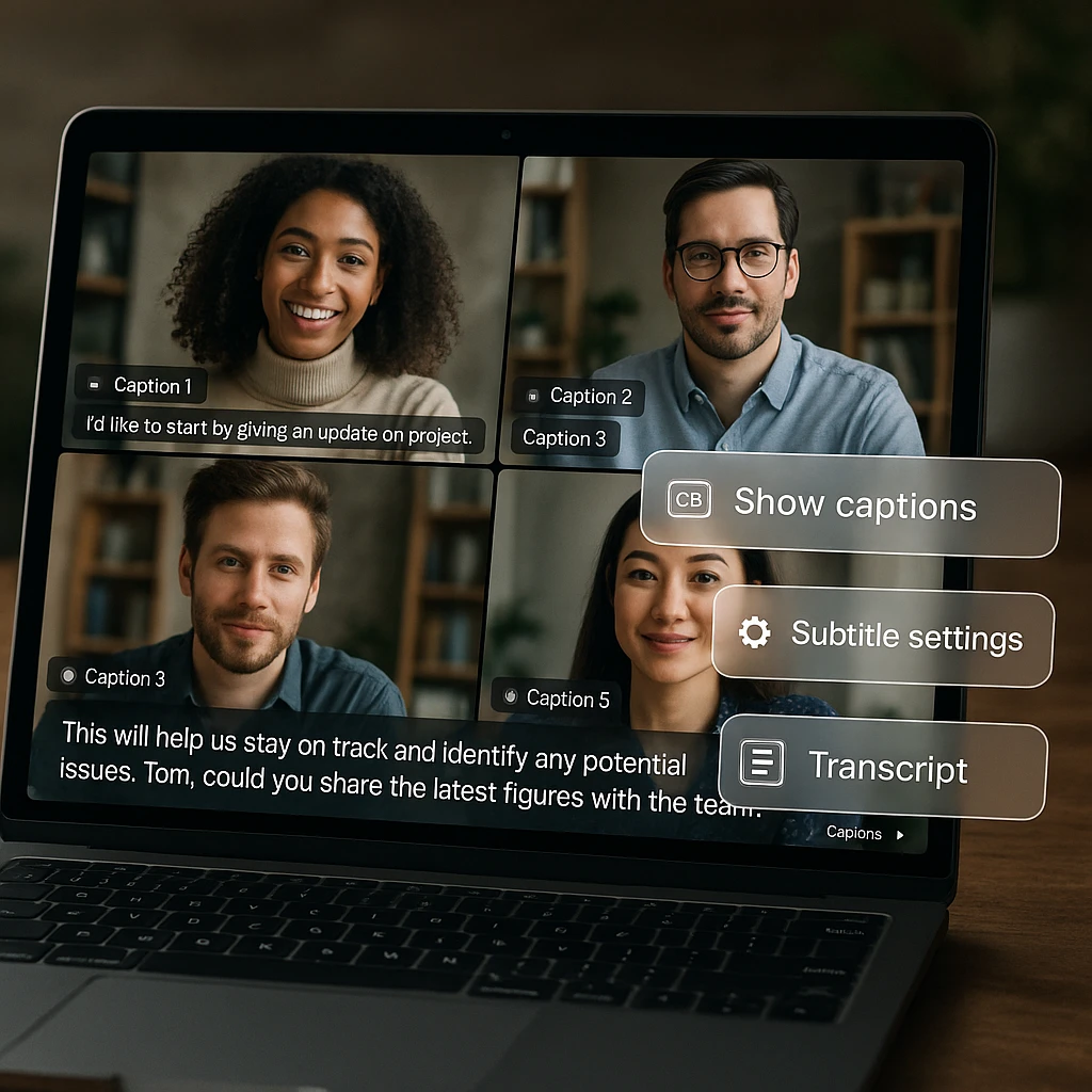 Meeting interface showing multiple caption tools and real-time transcription features