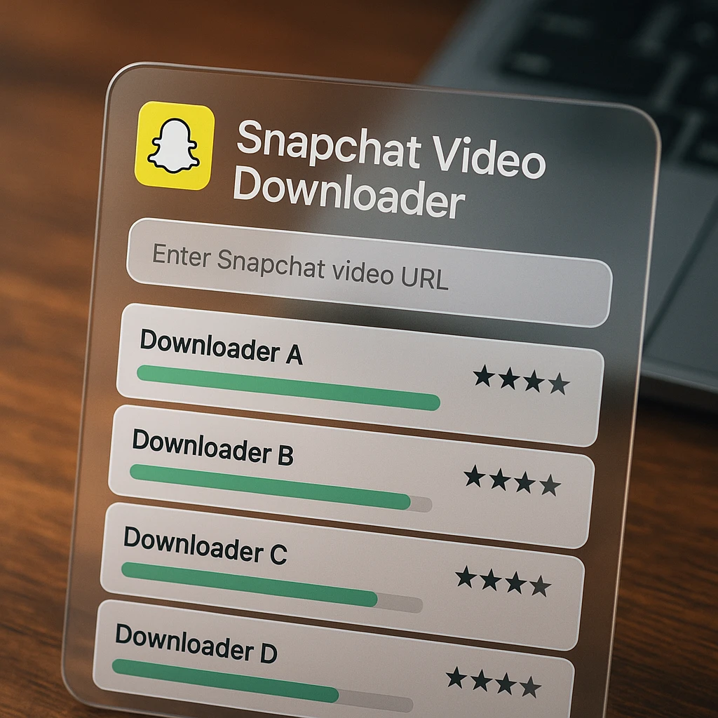 Close-up of Snapchat video downloader tools interface with rating bars and comparison features, glassmorphic design