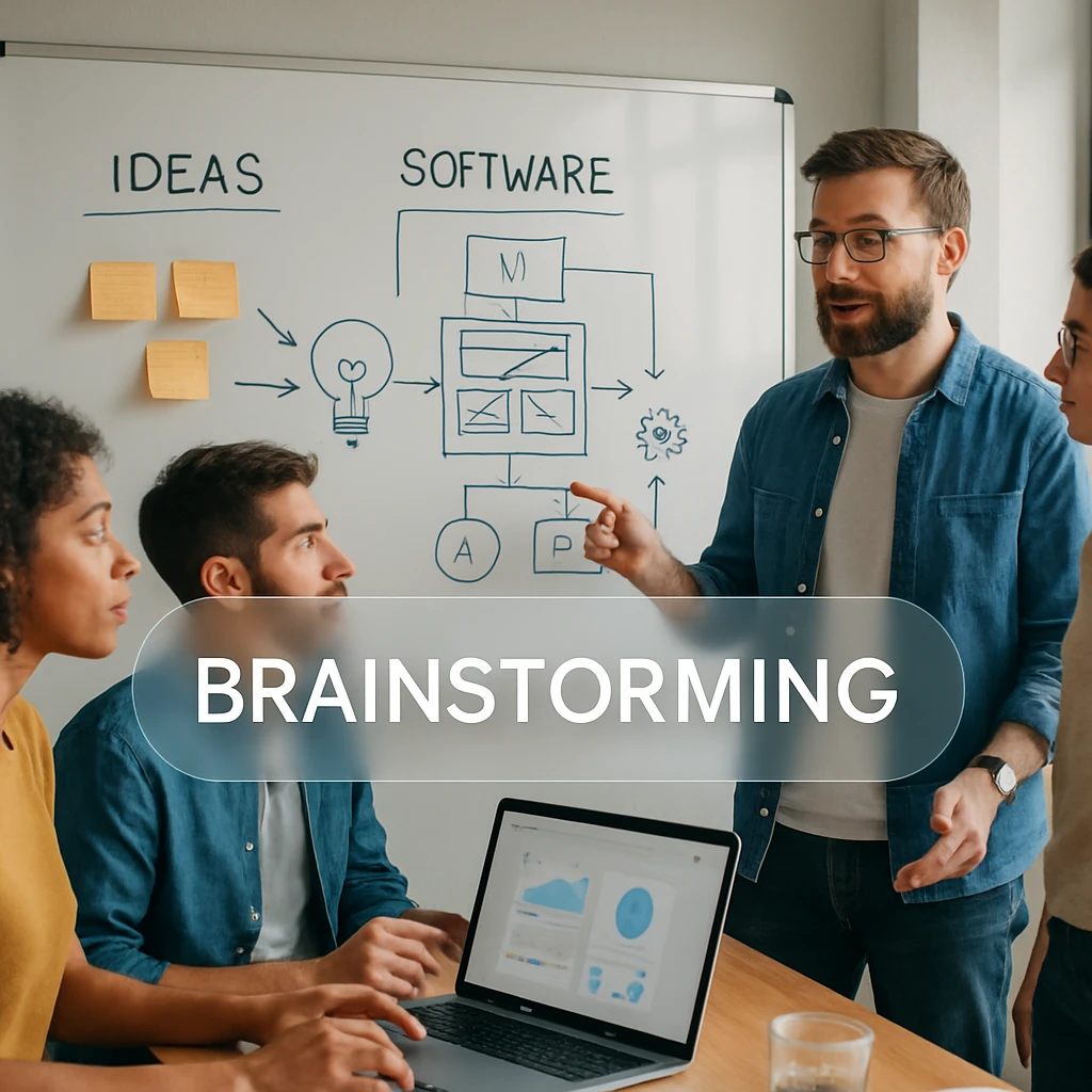 Executive team in a collaborative brainstorming session with whiteboards, sticky notes, and laptops in a contemporary office space