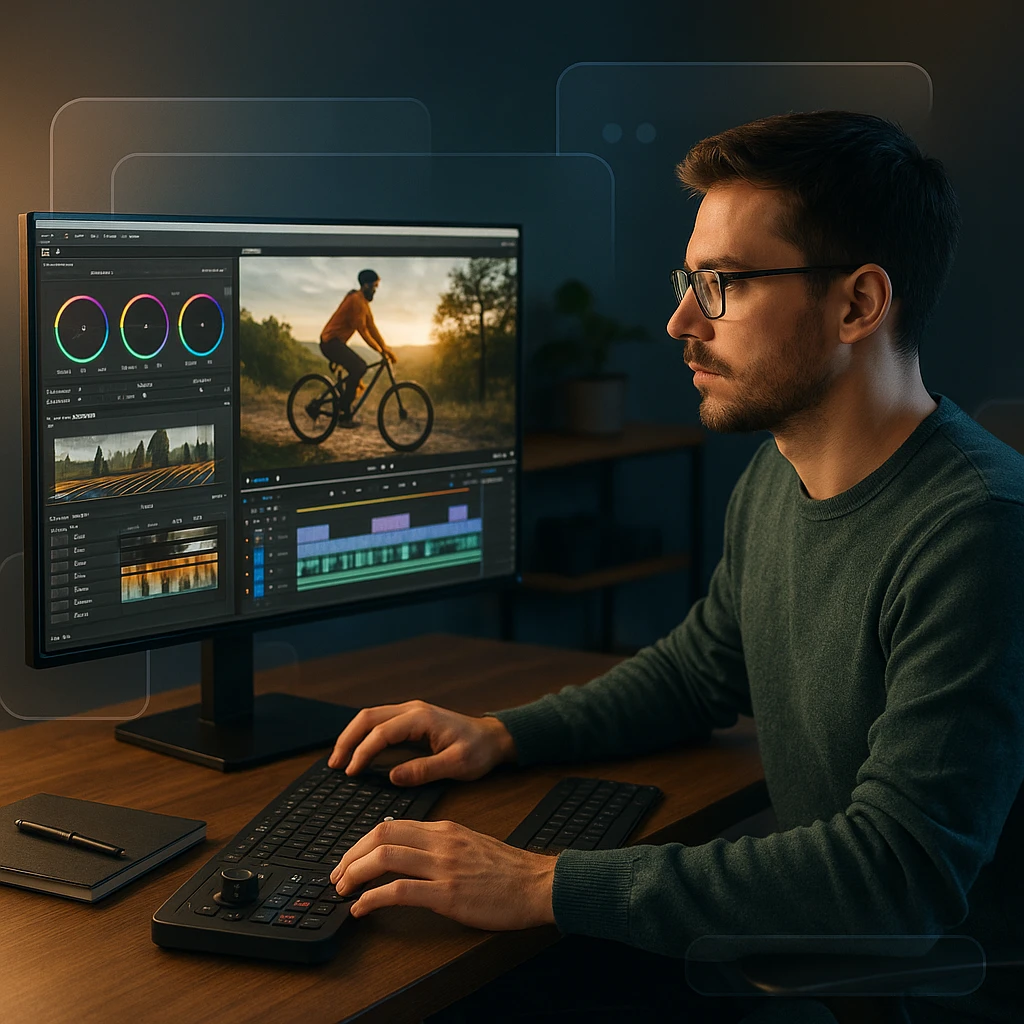 Professional video editor working with dual monitor setup