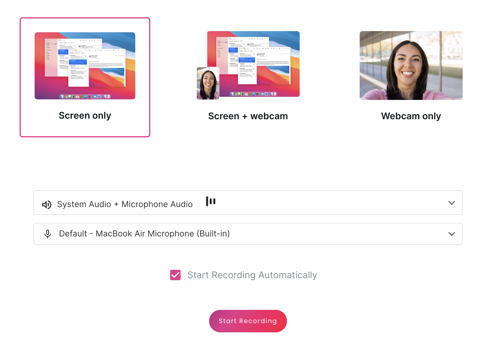 Select options for screen recording