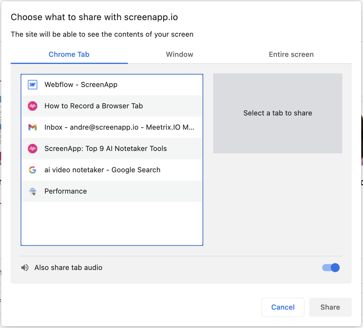 Choose what tab to share