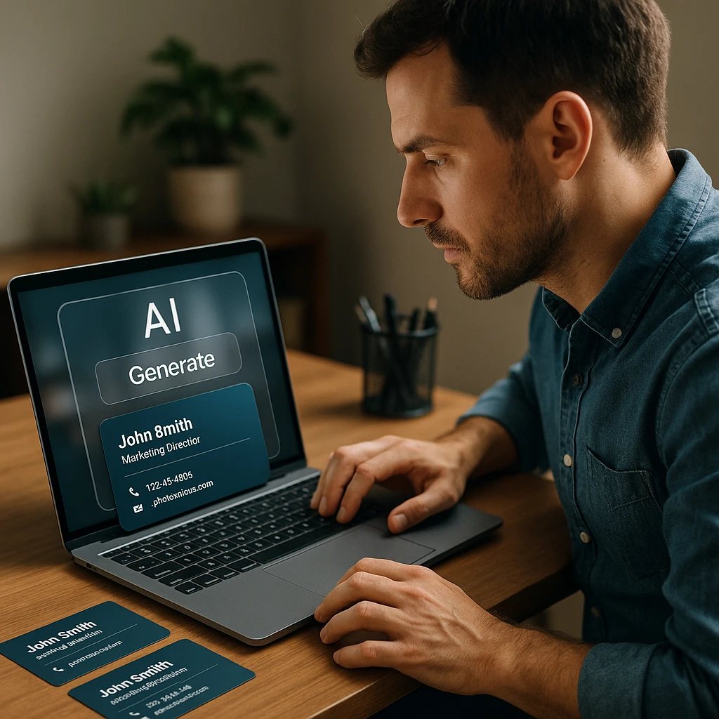 AI business card creation process showing step-by-step interface with Canva desAI business card creation process showingign tools