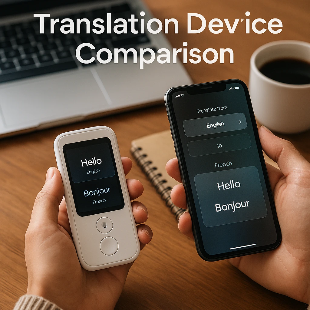 Advanced translation device showing multiple language options and real-time conversation interface