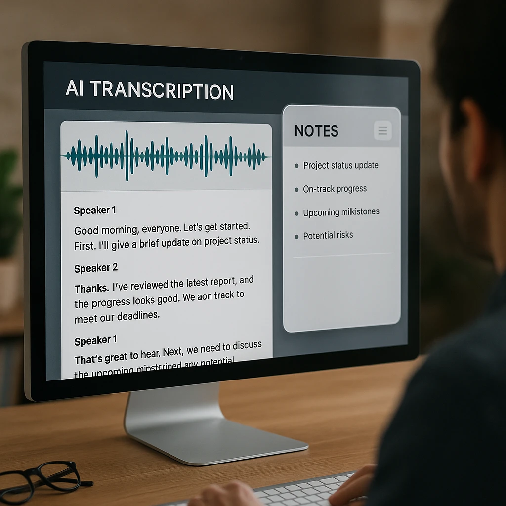 Modern AI interface showing real-time audio transcription with speaker identification, waveform visualization, and organized note extraction on a clean computer screen