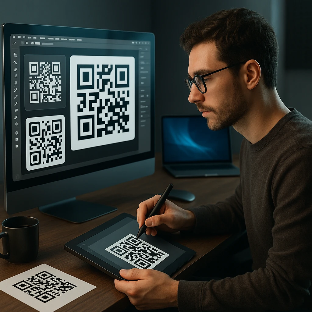 Digital artist creating custom QR codes on modern computer setup