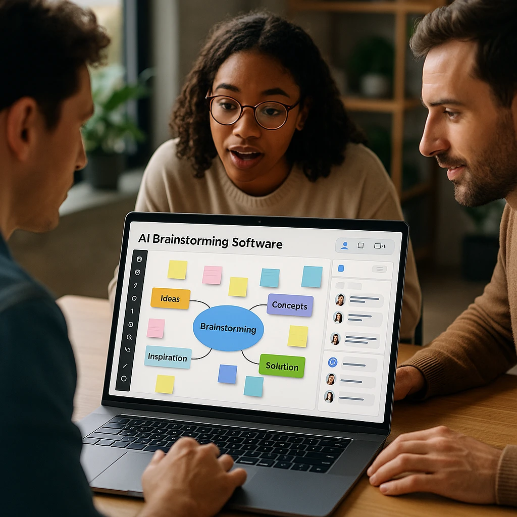 Modern AI brainstorming software interface with collaborative whiteboard, mind mapping tools, and real-time team collaboration features