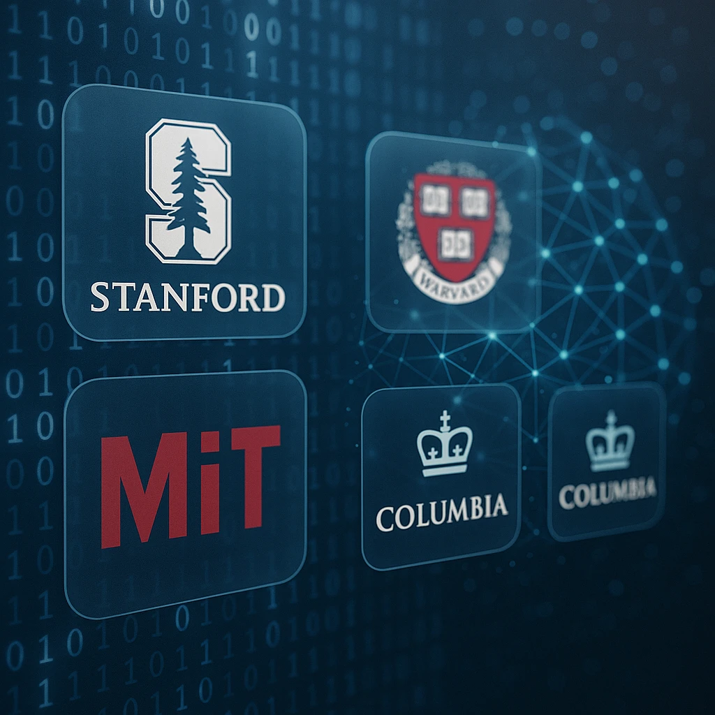 A digital collage of university logos like Stanford and Harvard, blended with binary code and neural network graphics, representing instructor credibility and course quality.