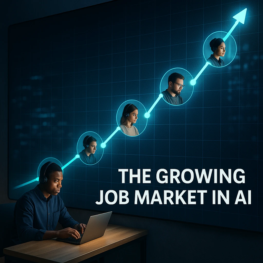 An upward-trending stock chart with glowing nodes, where each node is a person working on a futuristic computer, symbolizing the growing job market in AI.