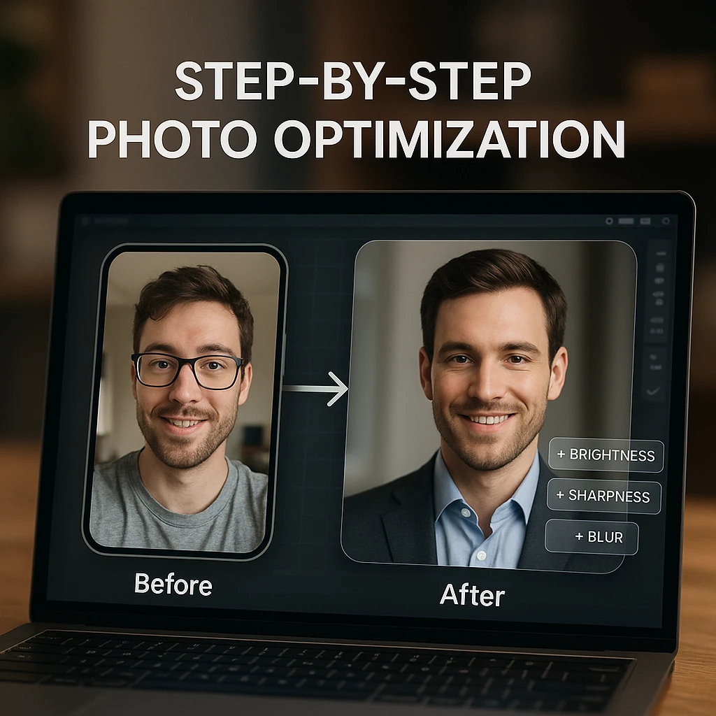Step-by-step transformation showing original casual selfie being enhanced into professional business headshot with quality improvements highlighted