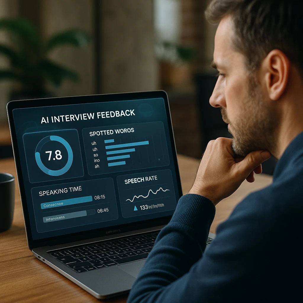 AI interview feedback dashboard showing speech analysis metrics