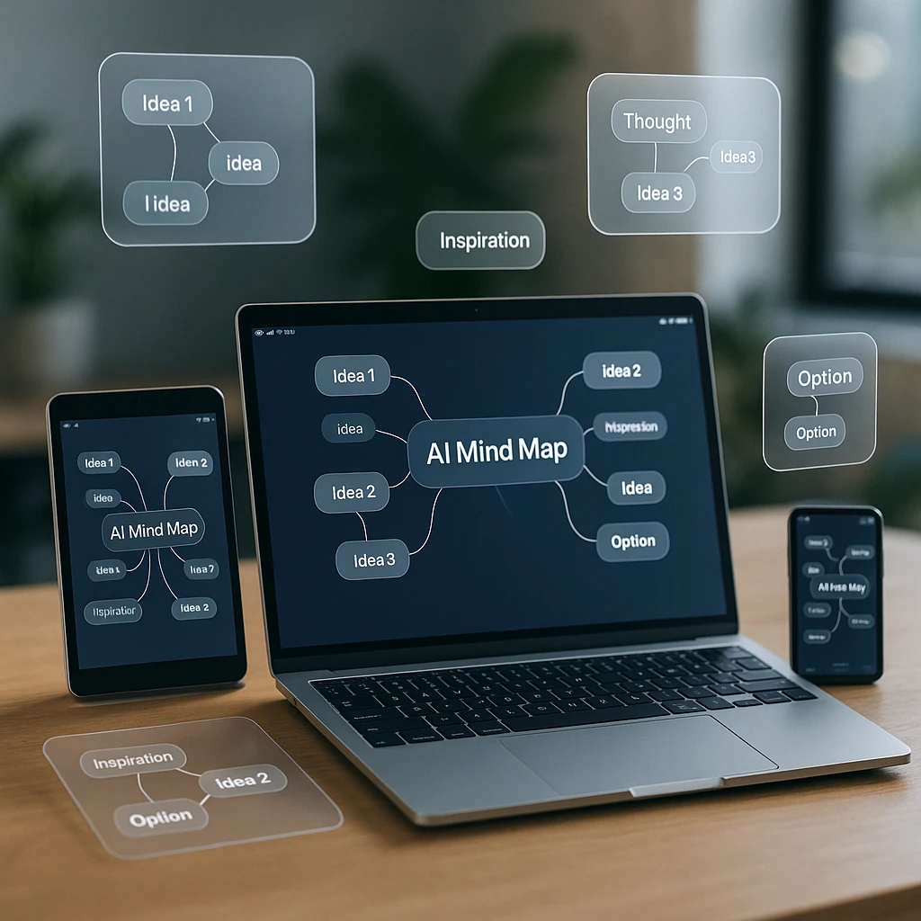 Multiple AI mind mapping tools displayed on various devices, collaborative workspace with floating mind map elements, modern tech aesthetic with glassmorphic design
