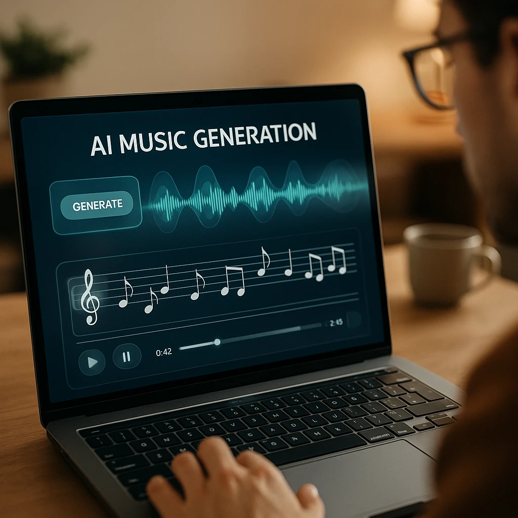 AI music generation interface showing waveforms and musical notes