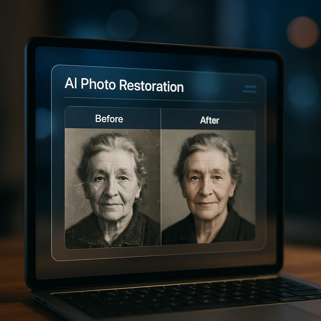 Modern AI interface showing before and after photo restoration with glassmorphic design elements