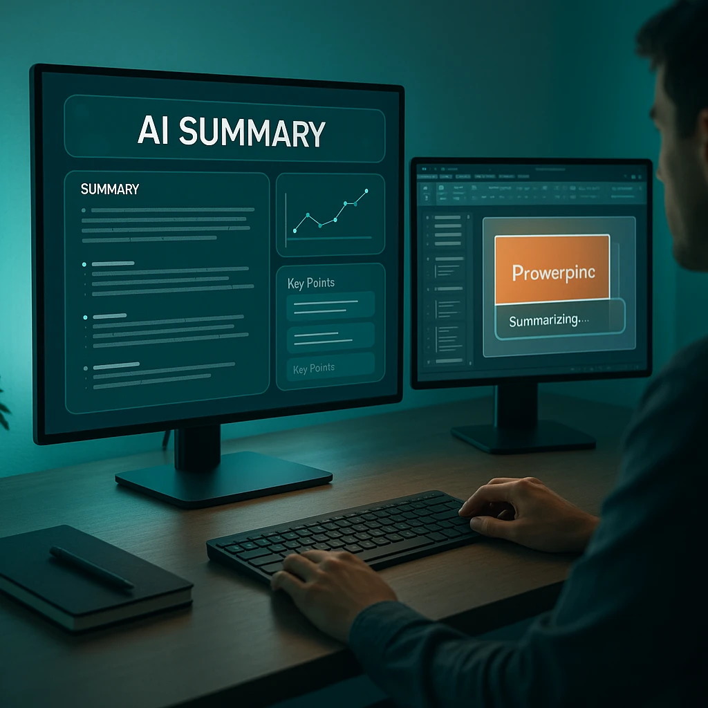 Professional workspace with multiple monitors displaying AI summarization dashboards and PowerPoint slides being processed, clean minimalist aesthetic with teal lighting