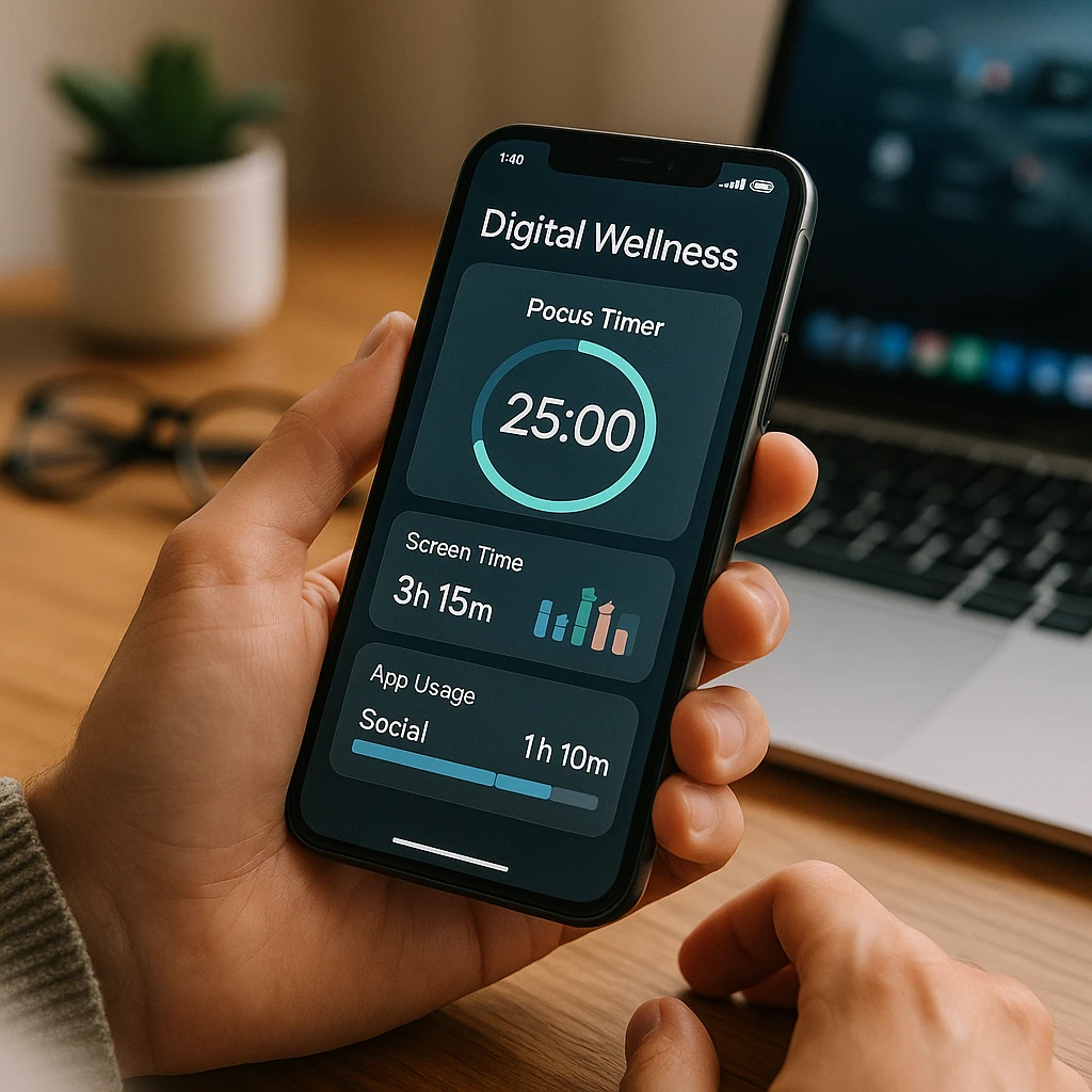 Modern smartphone displaying digital wellness dashboard with focus timer