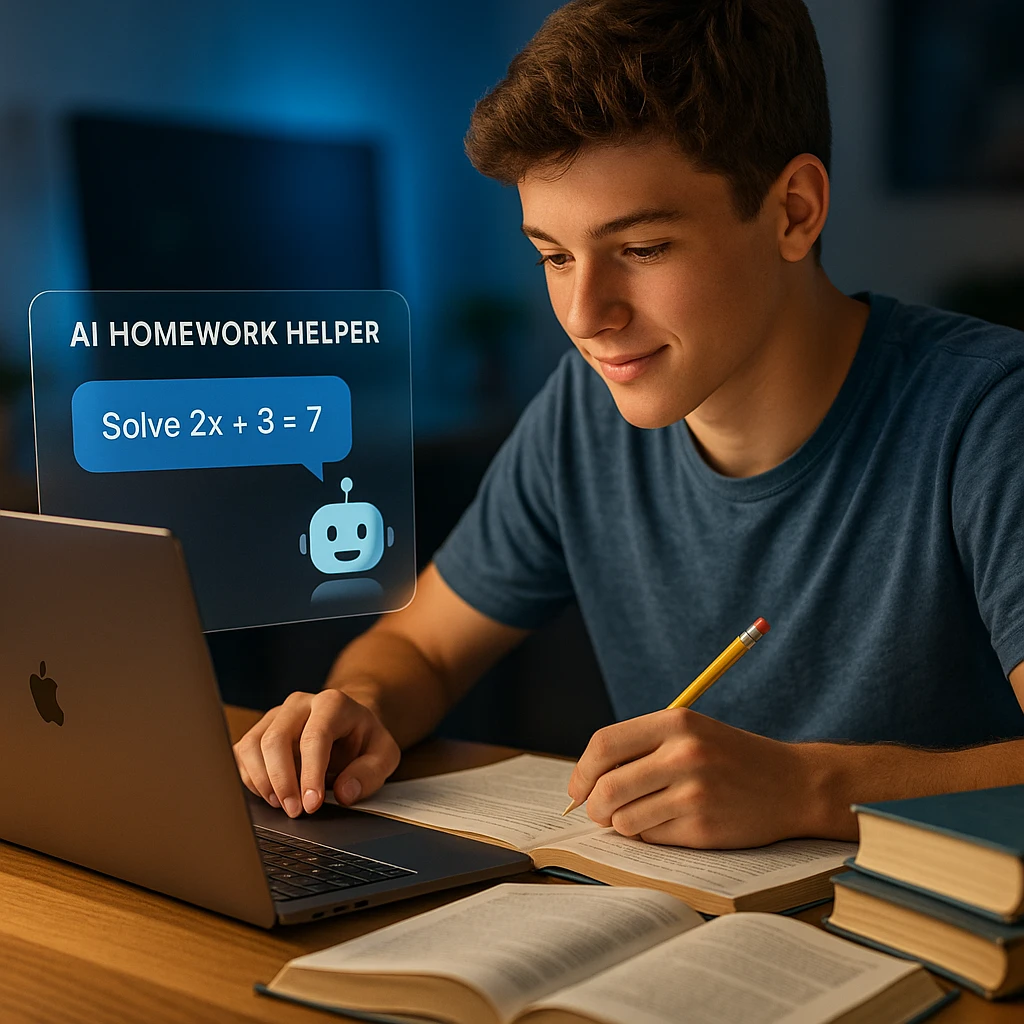 Student using AI homework helper responsibly with textbooks and learning materials