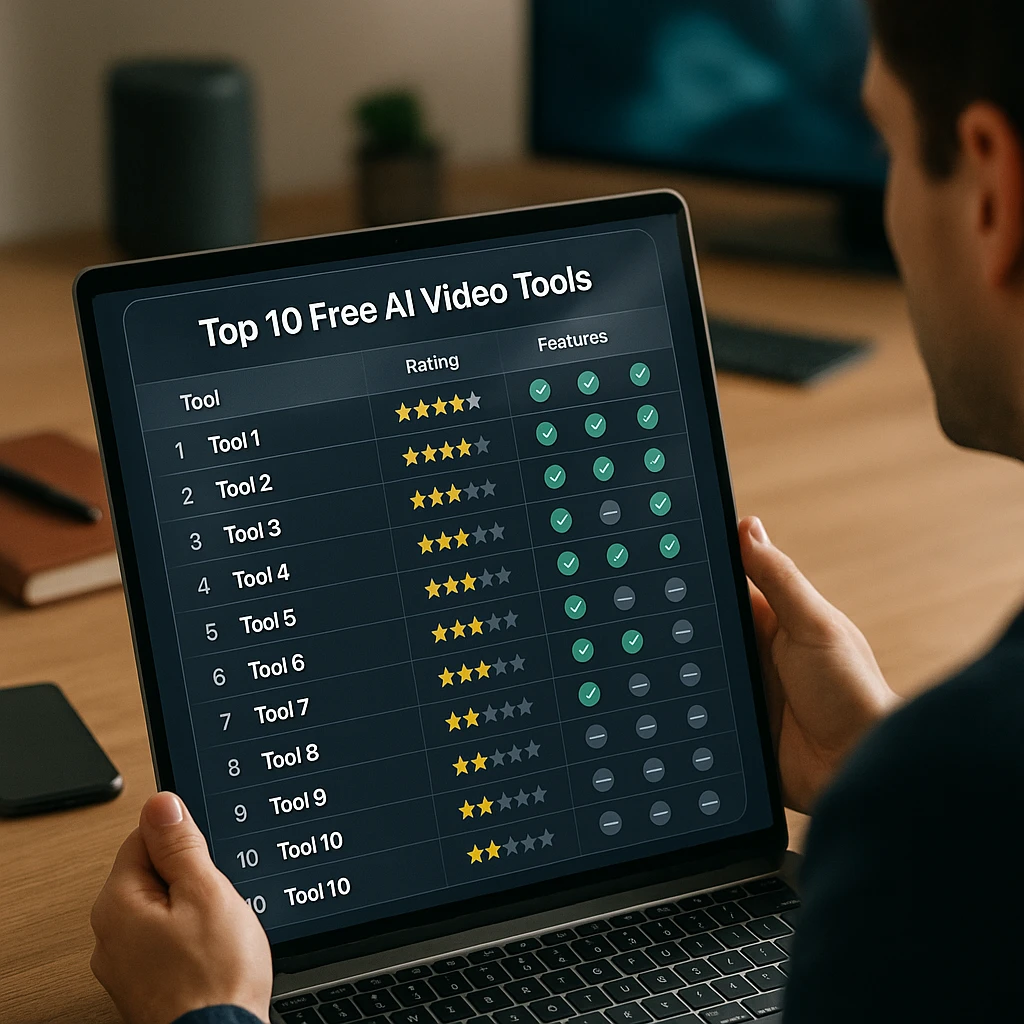Comparison dashboard of top 10 free AI video tools with ratings and features displayed