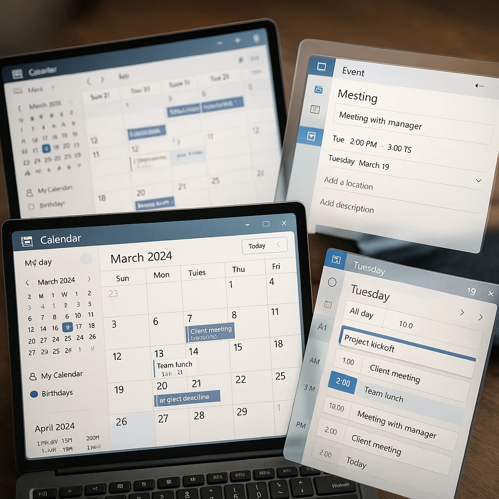 A screenshot montage of several modern Windows calendar app interfaces, showcasing their different layouts and features.