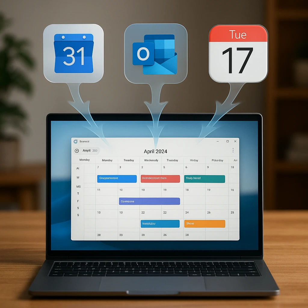 A visual metaphor of a unified calendar, where streams of events from Google Calendar, Outlook Calendar, and Apple Calendar all flow into a single, clean interface on a Windows desktop.