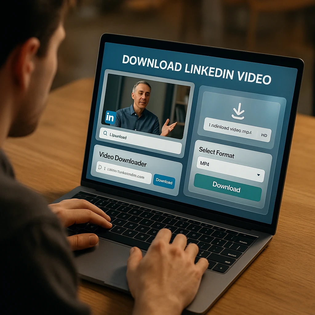Person using laptop to download LinkedIn video with multiple download tool interfaces on screen showing step-by-step process