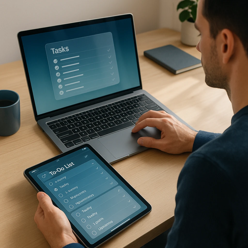 A person at a clean, modern desk, using a laptop and tablet to organize tasks, with a sense of focus and clarity.
