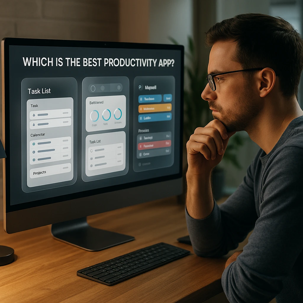A user thoughtfully comparing different productivity app interfaces on a large monitor, trying to choose the best one for their needs.