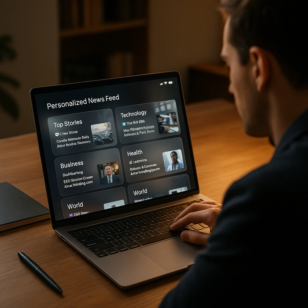 Person curating personalized news feed on laptop with modern glassmorphic interface