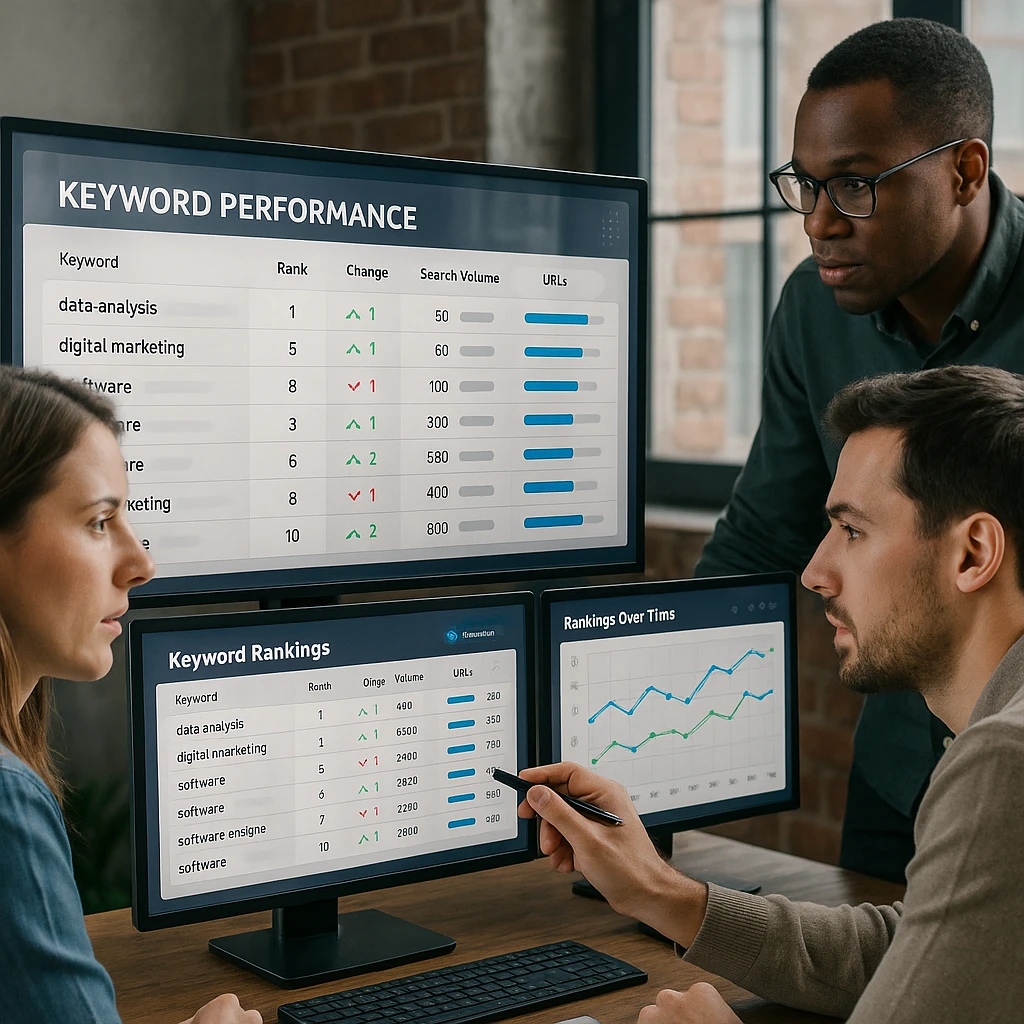Team analyzing keyword performance metrics on multiple monitors with rank tracking software interface