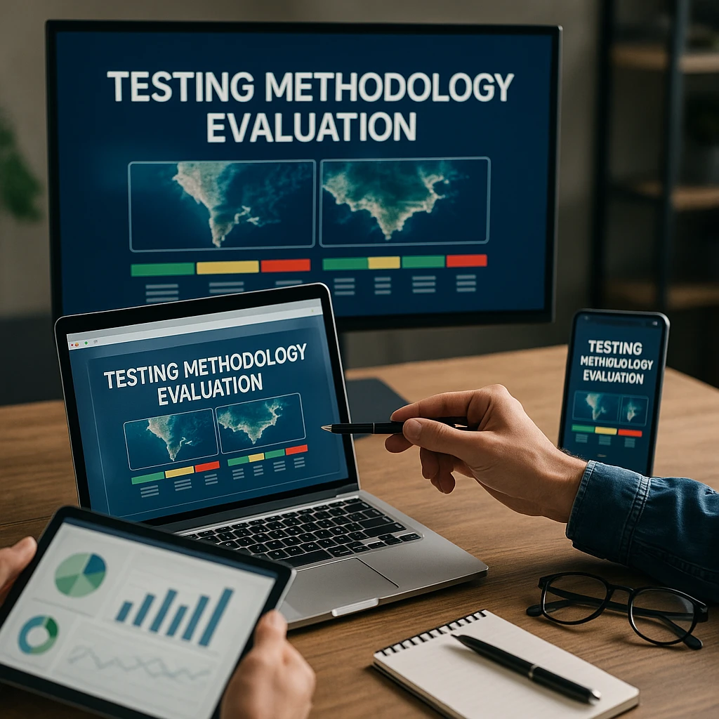 Professional testing methodology evaluation with multiple devices showing different screen sharing applications