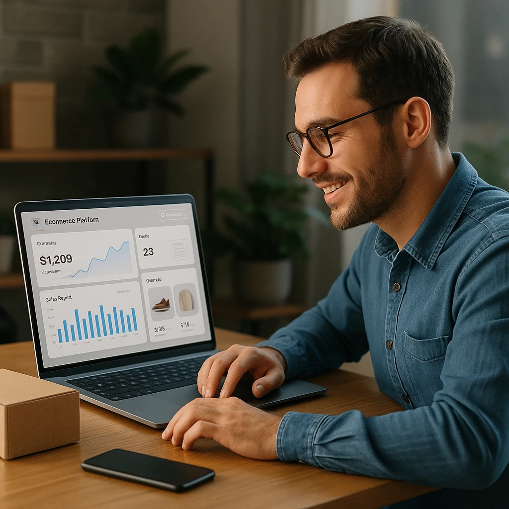 Professional managing their online store through an e-commerce platform dashboard