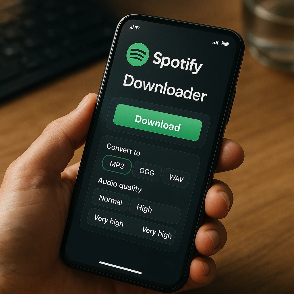 Mobile phone displaying Spotify downloader app interface with high-quality audio conversion options