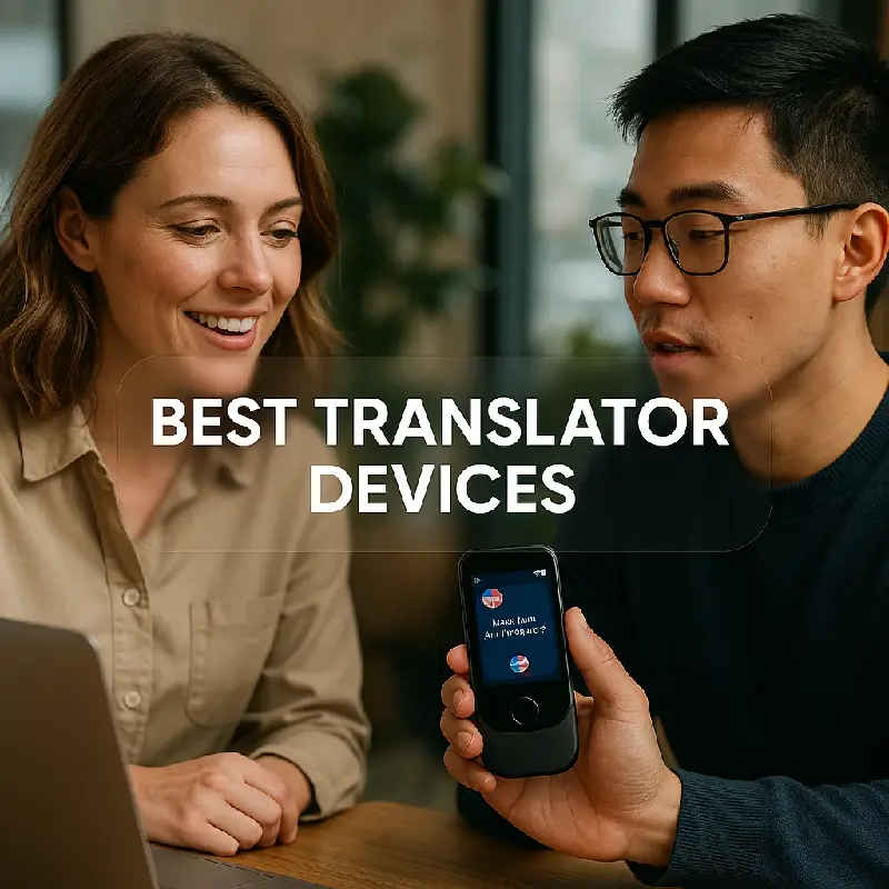 Modern translator device interface showing real-time voice translation with waveforms and multiple language flags in a professional setting