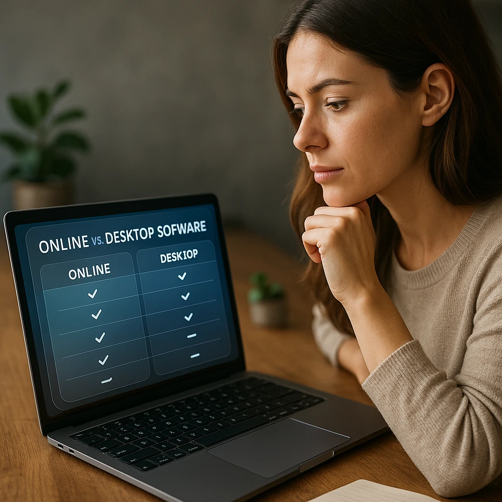 Digital comparison chart showing online versus desktop software features with modern infographic design