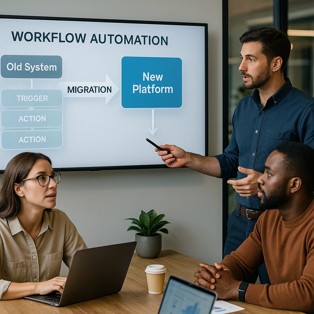 Team collaboration workspace with workflow automation diagrams, showing migration process from old system to new platform, modern tech office environment