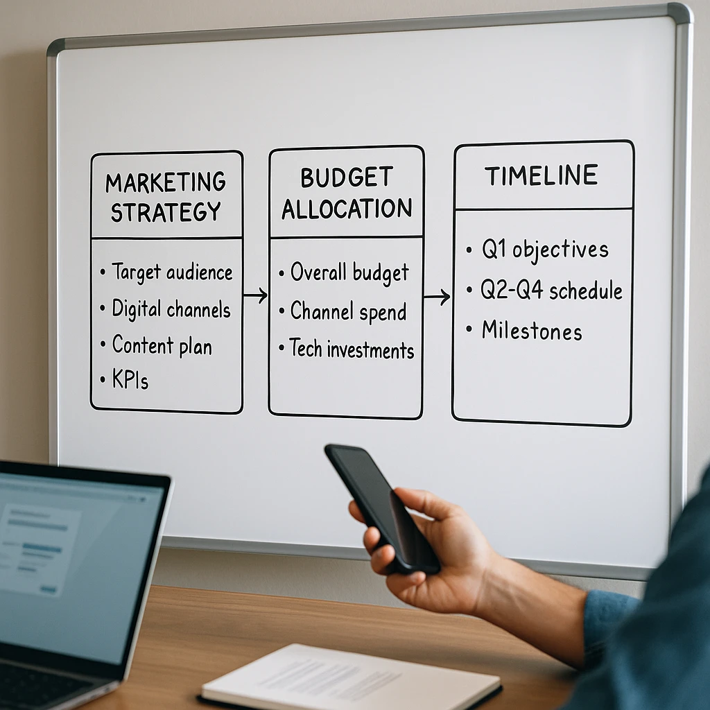 Clean whiteboard showing boxing method note-taking with three distinct boxes labeled Marketing Strategy, Budget Allocation, and Timeline, each containing organized bullet points and connecting arrows
