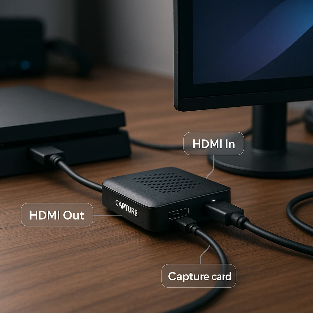 Professional capture card setup showing proper HDMI connections between console, capture card, and monitor with cables clearly labeled and organized workspace