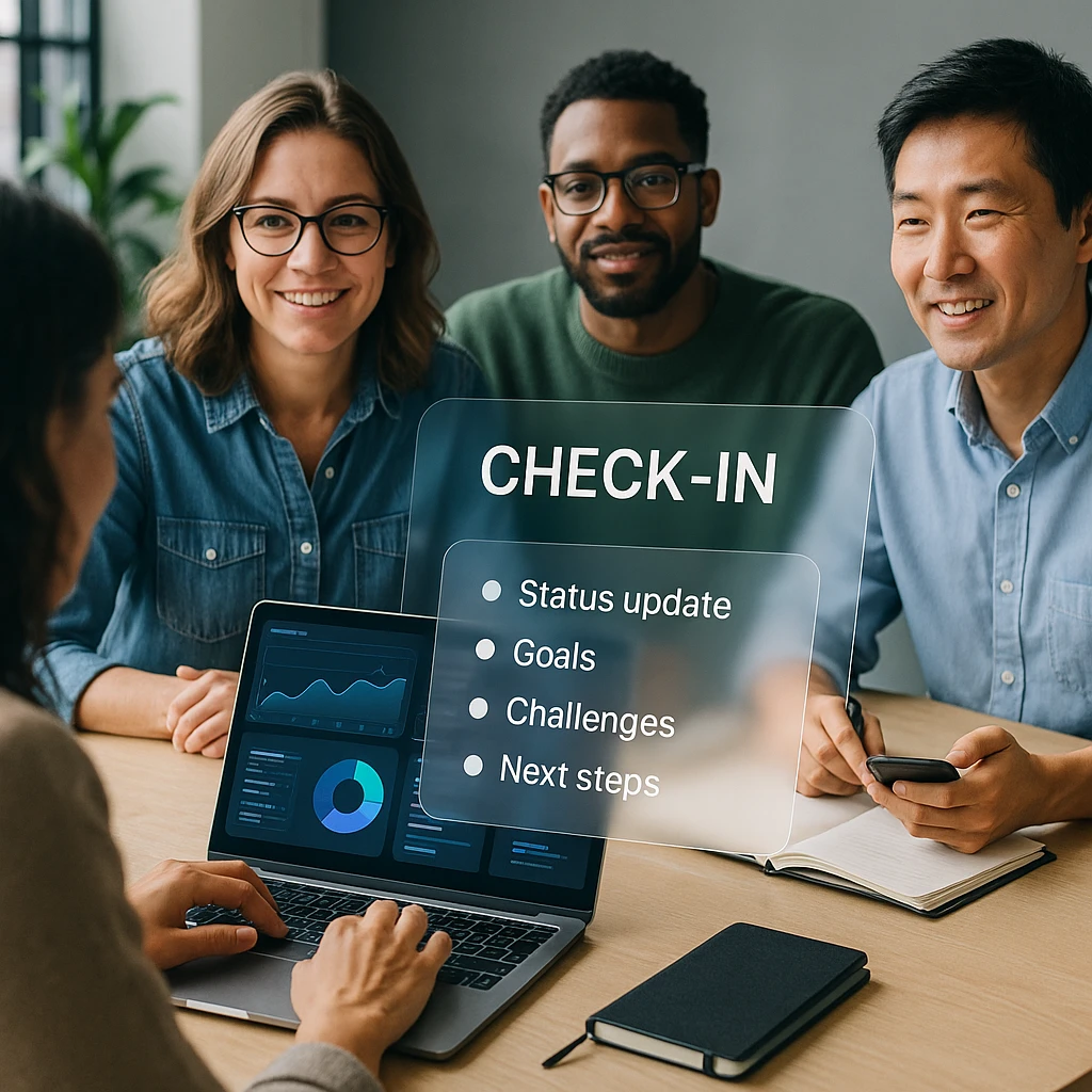 Professional team meeting with diverse employees sharing laughs during check-in time, showing genuine engagement and connection
