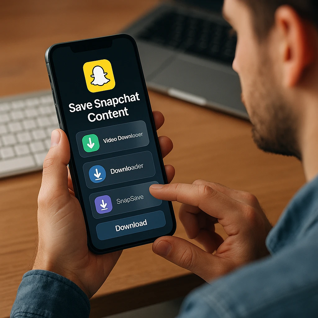 Person using smartphone to download and save Snapchat content with various downloader tools interface