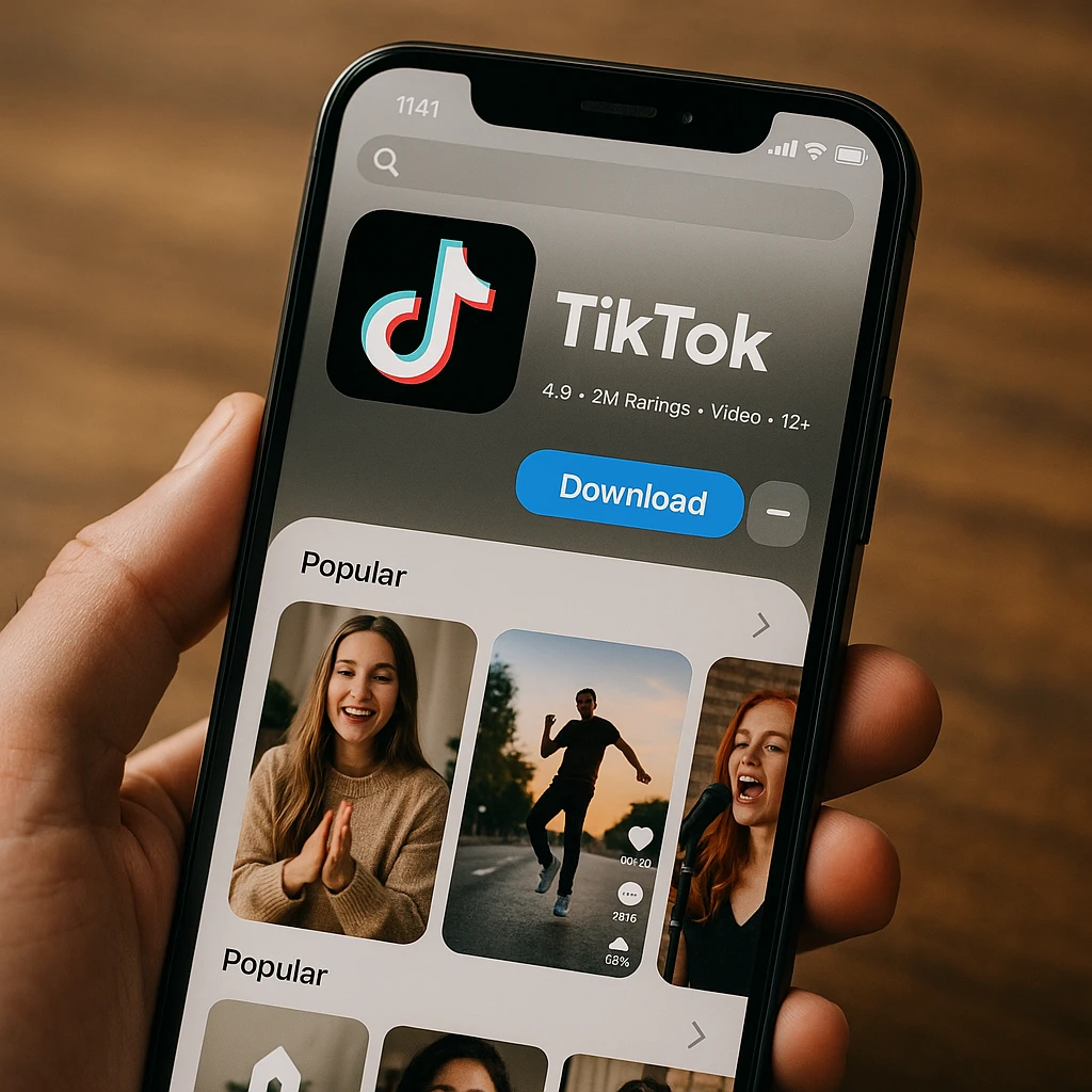 Modern smartphone showing TikTok app interface with download options and video thumbnails, clean mobile UI design