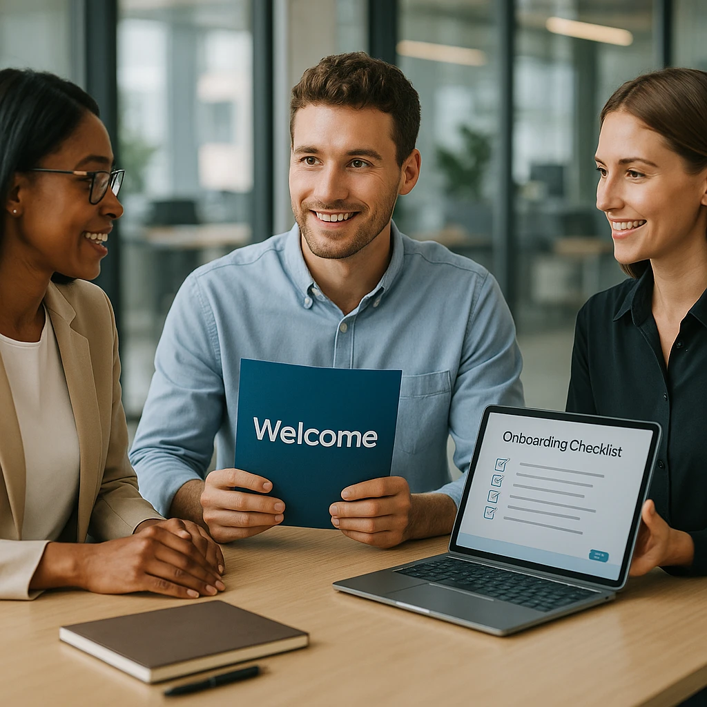 HR team conducting a structured onboarding session with a new employee in a modern office environment, showing welcome materials and digital setup