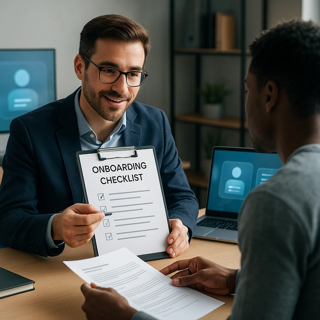Professional manager reviewing onboarding checklist and documentation with new hire at a desk with modern technology