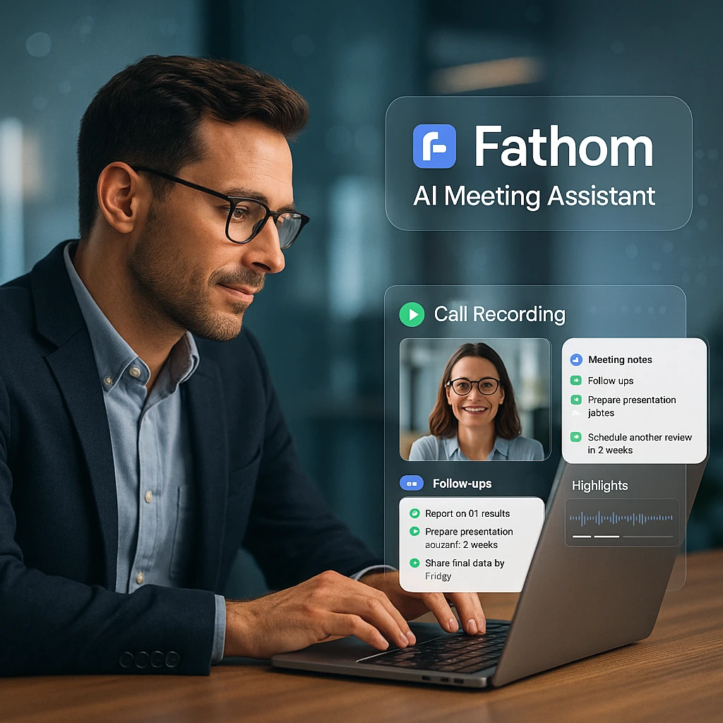 Professional business person using Fathom AI meeting assistant on laptop during video conference