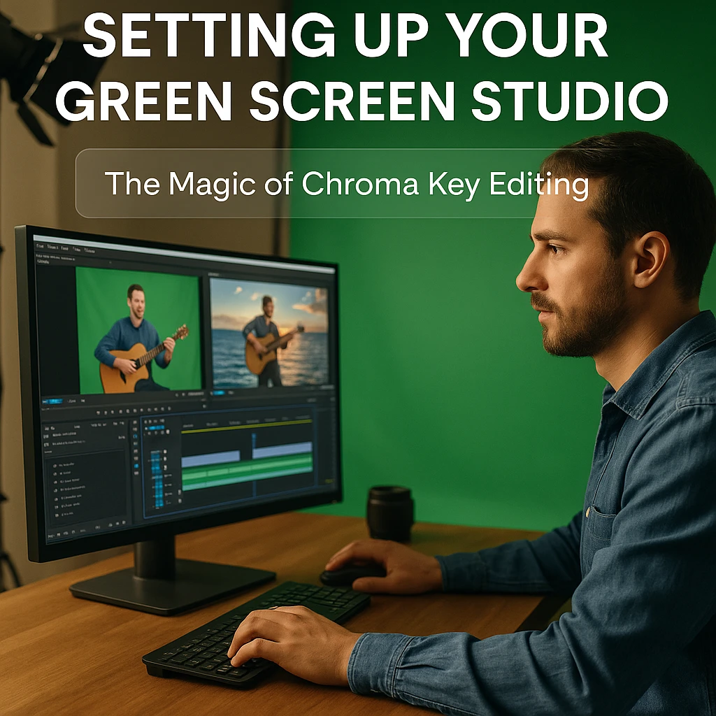 Professional green screen studio setup with proper lighting and equipment placement
