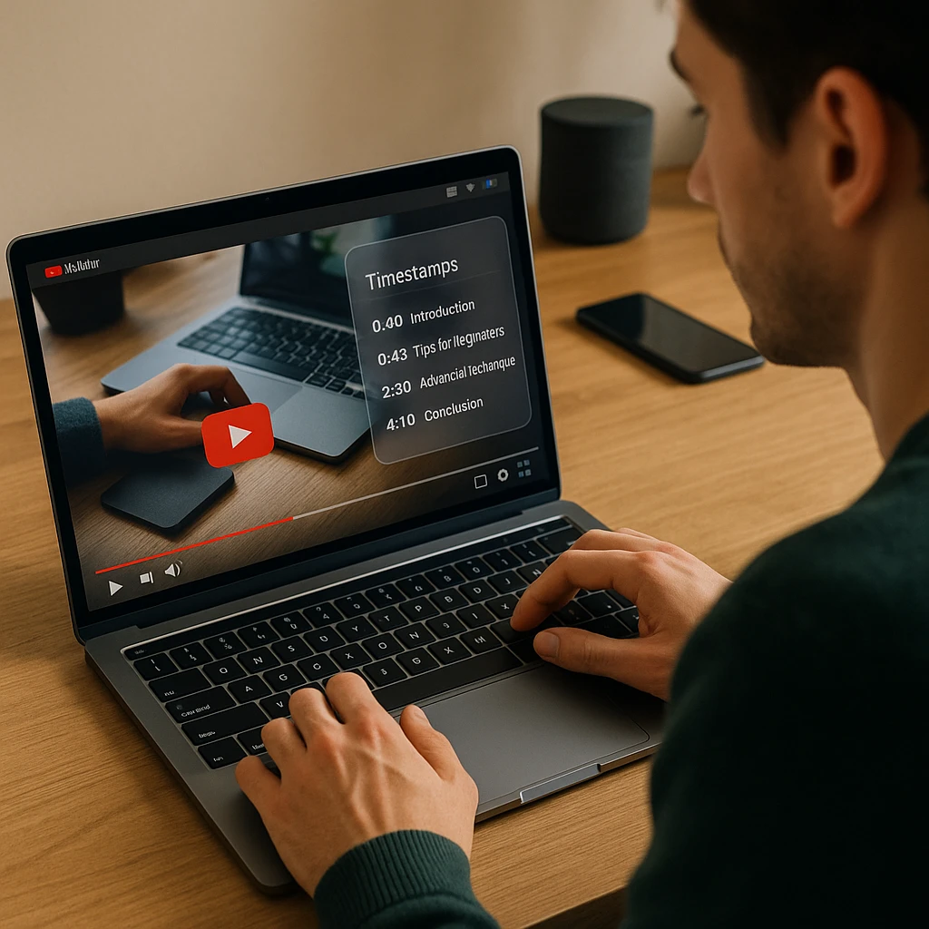 Content creator adding timestamps to YouTube video on laptop screen showing video editor and timestamp format